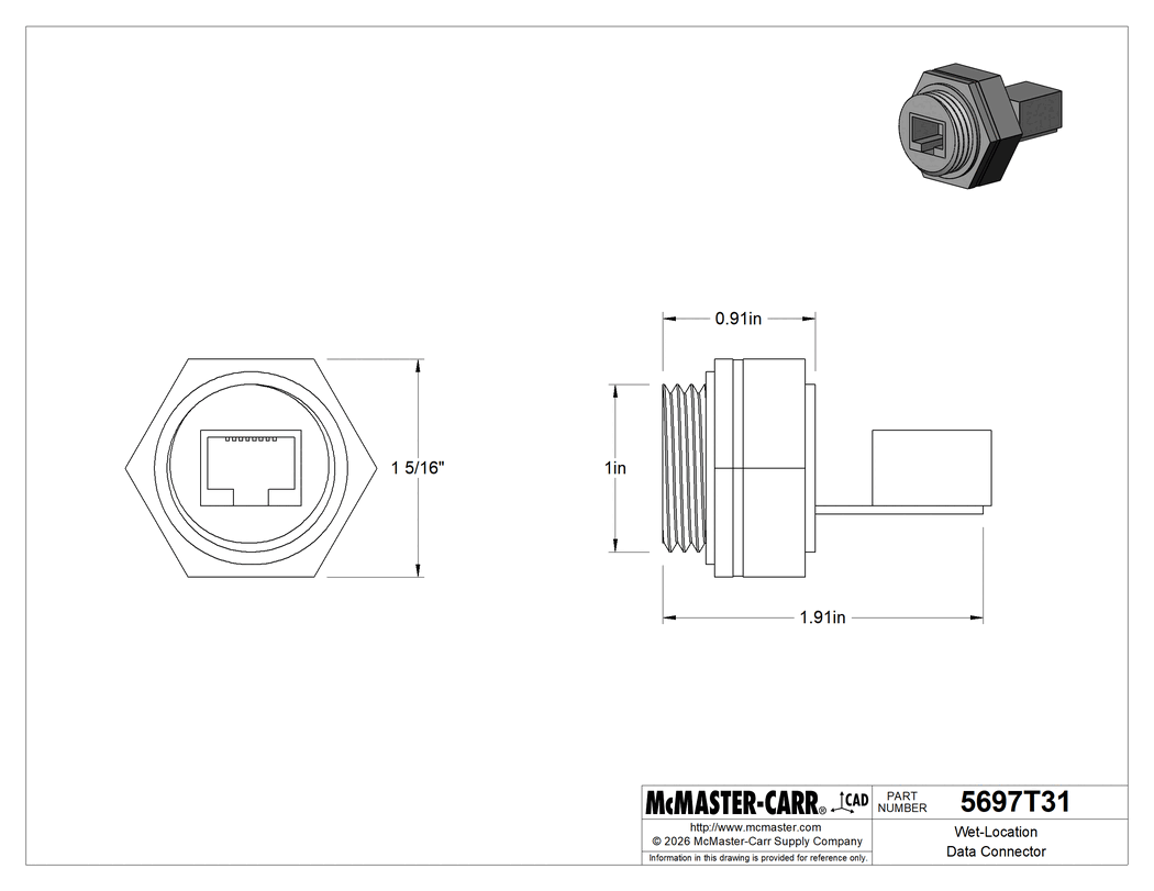 Technical Drawing of Wet-Location Data Cord, Screw-Together RJ45 Female � RJ45 Female Adapter.